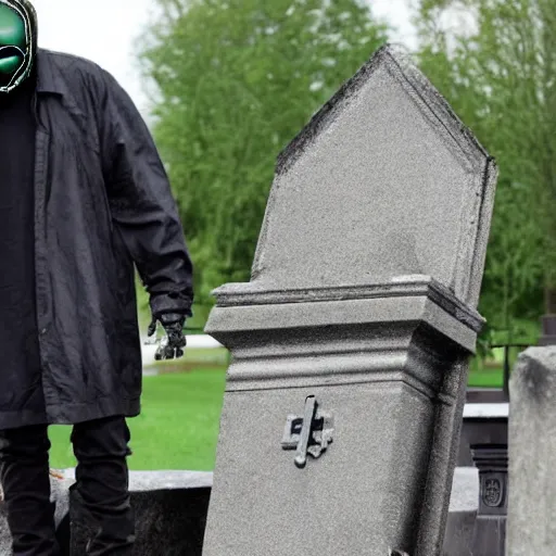 Image similar to MF DOOM standing in a graveyard with a dug up coffin
