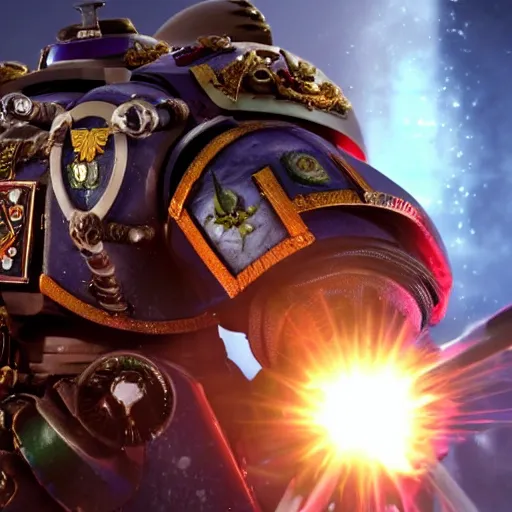 Image similar to nigel farage as a space marine in warhammer space marine, splash art, movie still, cinematic lighting, dramatic, octane render, long lens, shallow depth of field, bokeh, anamorphic lens flare, 8 k, hyper detailed, 3 5 mm film grain