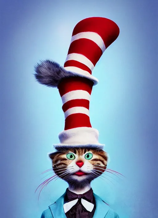 Image similar to complex 3 d render, hyper detailed, ultra sharp, of the cat in the hat, scary, comical, cinematic, natural soft light, rim light, octane render, artstation, art by artgerm and greg rutkowski and alberto seveso, dr seuss