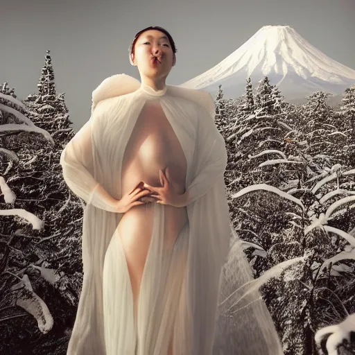 Image similar to a instax photo of fuji mountain, a tall japanese girl in a transparent sheer fabric dress against the background of fuji mountain, severe snow, full body shot, by peter kemp, by monia merlo, hyperrealistic, hyperdetailed, octane render, 8 k