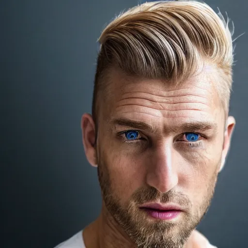 Image similar to close up of face of good looking 4 0 year old slavic blond man with blond stubble, very short wavy blond hair in a short pompadour style, pale skin, very dark blue eyes, hairy shoulders, hairy chest, portrait, 4 k