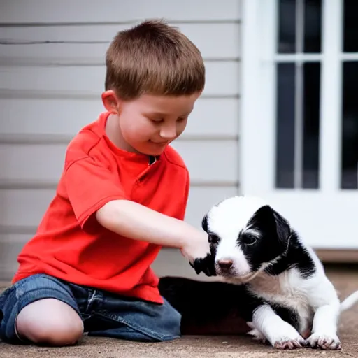 Prompt: a short young man named hunter playing with his black and white dog