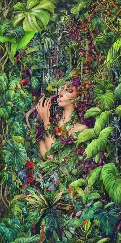 Prompt: deep in the jungle with exotic plant life, tropical plants, natural botanical gardens, vines, acrylic painting by hannah yata, artstation, concept art, award winning,