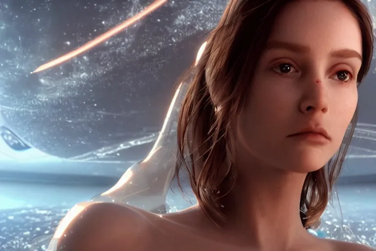 Image similar to VFX movie of a futuristic space woman model gorgeous portrait in inhuman future spaceship, beautiful natural skin natural lighting by Emmanuel Lubezki