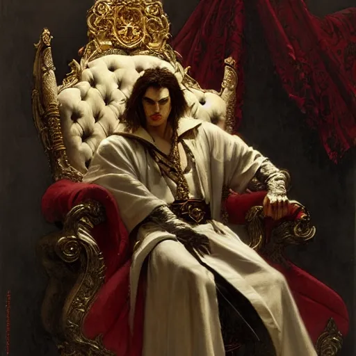 Image similar to perfectly centered portrait of attractive vampire king in a robe sitting on a throne of bones, highly detailed painting by gaston bussiere, craig mullins, j. c. leyendecker, 8 k