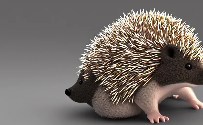 Prompt: a cute 3d cartoon hedgehog with big and sharp iron metallic razor spikes on his back