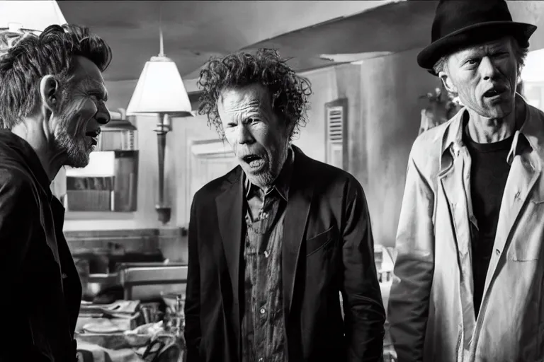 Prompt: film still of jungkook talking passionately with tom waits and bryan cranston in cosmic horror! the musical by david cronenberg, horror sci fi, 3 5 mm film, atmospheric, ultra fine detail, film grain, photorealistic, hyperrealistic dramatic lighting