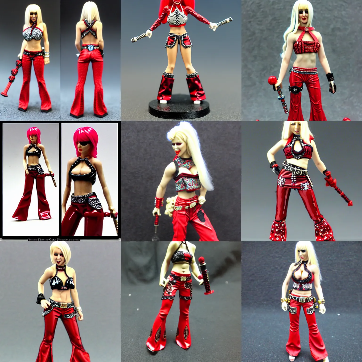 Prompt: 2 8 mm heroic scale games workshop miniature. human bard. platinum blonde with cherry red peekaboo accent extensions. fashion editorial photo. bandana paisley print halter top - red. patent leather cherry red flare bellbottom trousers. dancewear beaded swarovski neckline. mtv vma live 2 0 0 0. christina aguilera. neck yoke sequin applique