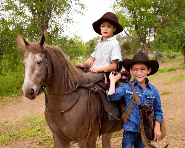 Image similar to girly! boy with dark - brown hair, the boy is on horse, the boy is holding backpack and gun, realistic photo