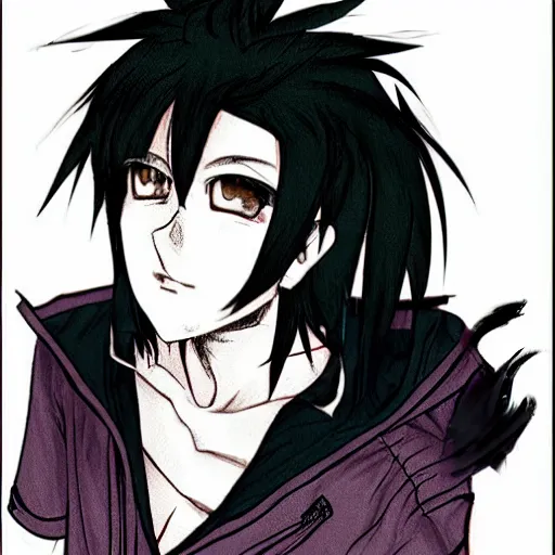 Prompt: anime style trans guy with black shaggy hair and piercings, emo, goth