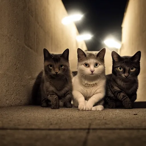 Image similar to photo of a group of stray cats watching television in a dark alley, studio lighting moonlit