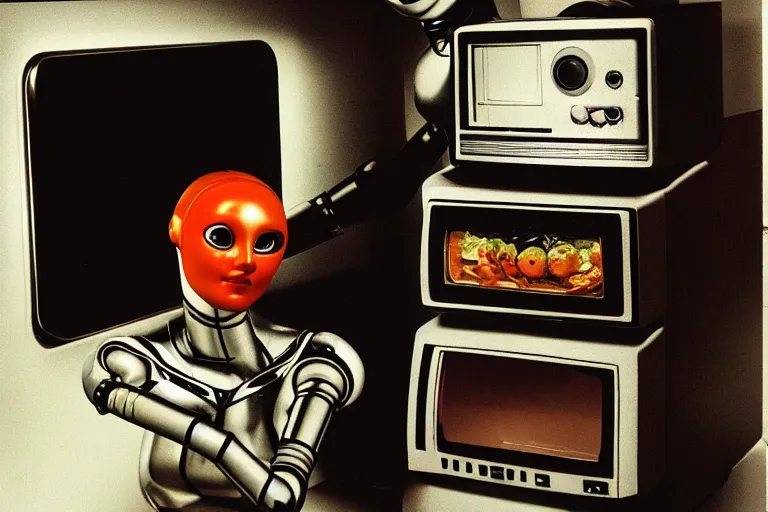 Prompt: beautiful woman robot sticking her head inside of a toy oven, from 1985, bathed in the glow of a crt television, crt screens in background, low-light photograph, in style of jun takahashi