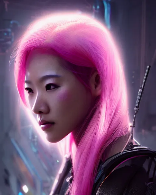 Image similar to portrait of a beautiful thai woman with pink hair as a cyberpunk cyborg half robot, sci - fi, missing panels, intricate abstract upper body intricate artwork, concept art, octane render, deviantart, cinematic, key art, hyperrealism, iridescent accents, portrait photograph, nikon 3 5 mm, photograph by greg rutkowski