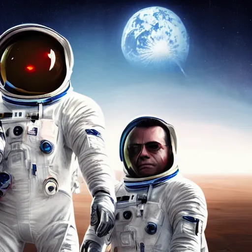 Prompt: A hyper real comic book style portait painting of Neo and agent Smith on the moon in astronaut suits, unreal 5, hyperrealistic, octane render, cosplay, RPG portrait, dynamic lighting