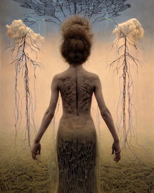 Image similar to A portrait of a woman wearing clothes made out of thunder clouds and flowers, apocalypse, nuclear explosion in the background, spiky skin, Masterpiece, glowing, wires everywhere, by Edgar Maxence and Ross Tran, Zdzisław Beksiński, and Michael Whelan, distant, gustav dore, H.R. Giger, 8k, octane render