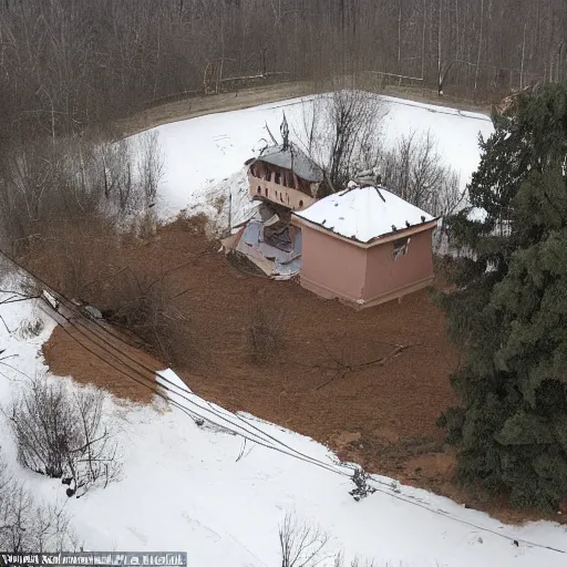 Image similar to a large funnel formed on the territory of the Russian village house in Russia as a result of a rocket hit where people gathered to photograph it