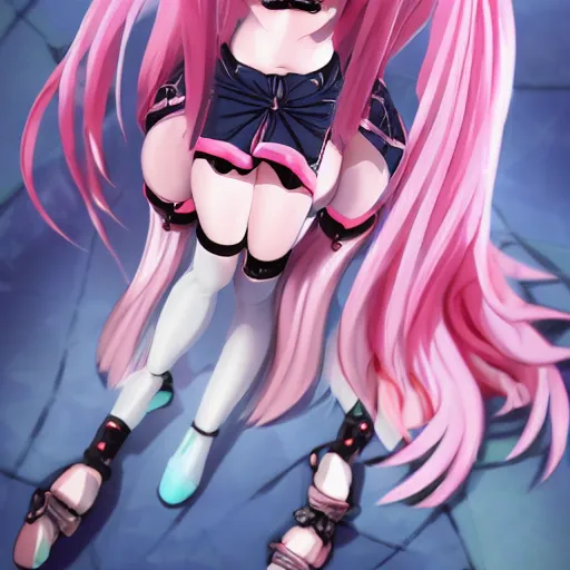 Prompt: stunningly beautiful omnipotent megalomaniacal anime goddess who looks like junko enoshima with symmetrical perfect face and porcelain skin, pink twintail hair and cyan eyes, looking down upon the viewer and taking control while smiling in a mischievous way, mid view from below her feet taken in an extremely low angle, hyperdetailed, 2 d 8 k