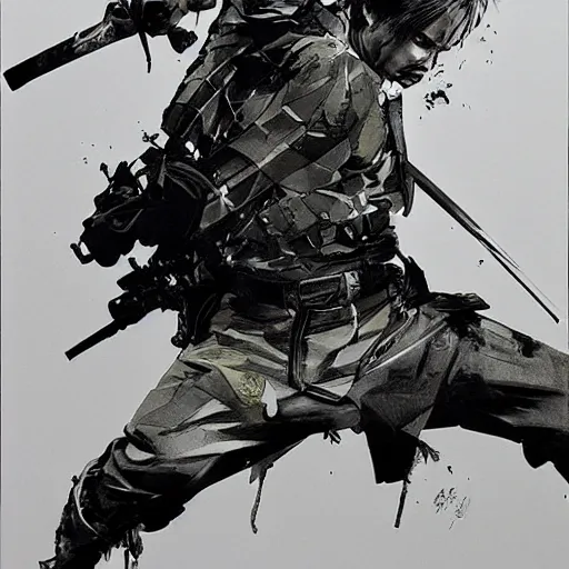 Image similar to splitting a bullet with a sword, samurai vs swat team hyperrealism yoji shinkawa