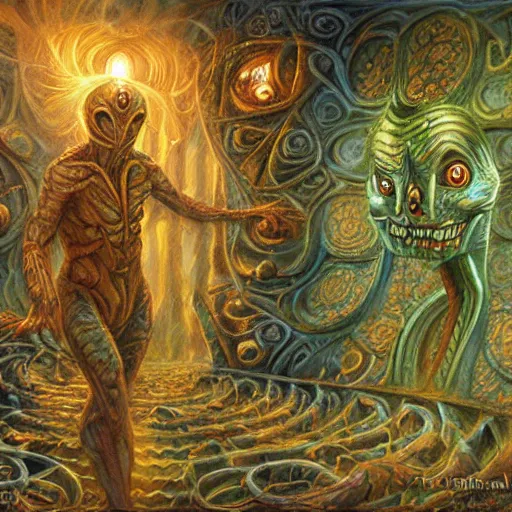 Image similar to a hyper realistic painting of an alien labyrinth, by ralph horsley, highly detailed, vivid color,