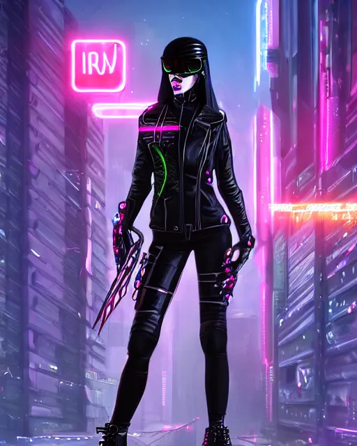 Image similar to concept art of a cyber punk girl wearing a black leather jacket with neon spikes, wearing a futuristic biker helmet, holding a futurstic cyberpunk weapon, standing in a busy cyberpunk city center | | epic - fine - trending on artstation, brush strokes