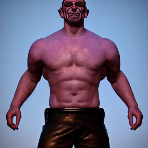 Image similar to 3 5 mm photo of popeye the sailor man wearing leather gear in the style of tom of finland, hairy chest, full body, ultra high detailed, glowing lights, oil painting, unreal 5, daz, hyperrealistic, octane render, rpg portrait, dynamic lighting, fantasy art, beautiful face