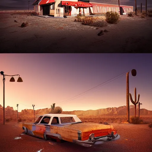 Image similar to abandoned diner in the desert by jon mccoy and georgehull, sunset, cinematic, cinematic lighting, photorealistic, hyperdetailed 3 d matte painting, iridescent, deviantart, trending on artstation, concept art