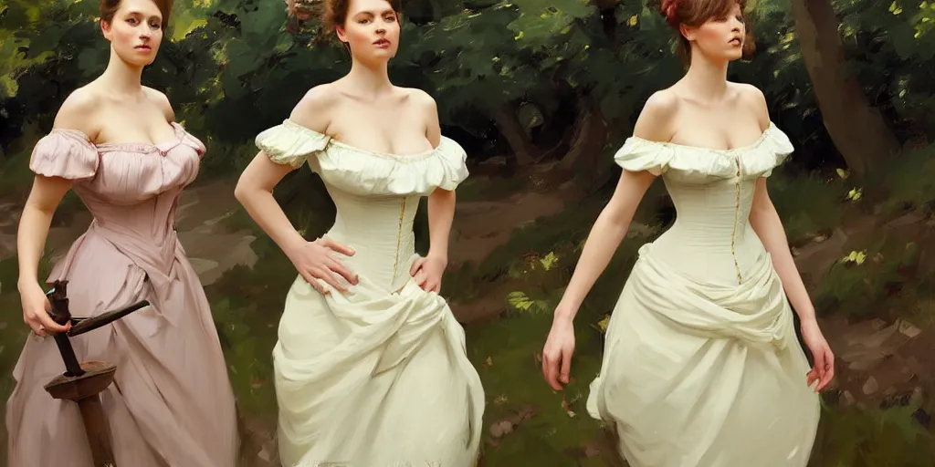 Prompt: portrait of two gorgeous captivating latvian belarusian finnish norwegian swedish glamour models wearing 1 7 th century french off - the - shoulder neckline bodice walking in a forest, jodhpurs greg manchess painting by sargent and leyendecker, studio ghibli, fantasy medium shot asymmetrical intricate elegant illustration hearthstone by greg rutkowski by greg tocchini by james gilleard