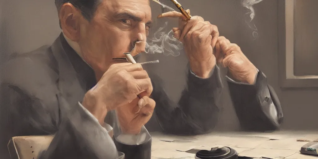 Image similar to beautiful oil matte portrait painting, mafia boss smoking at his 5 0 s new york office desk, wonderful masterpiece highly detailed, beautiful cinematic light deep focus, elegant, digital painting, smooth, sharp focus, golden ratio, dramatic illumination, ultra realistic, 8 k, art by jimmy law