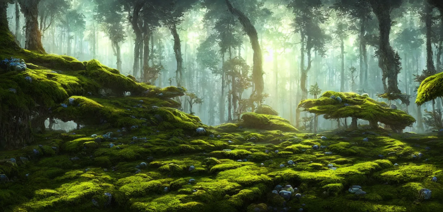 Image similar to random forest landscape, moss and blue sky, incredible, vector art, octane render, fabulous, hyper detailed, random cinematic view, no noise, global illumination, warm lighting, volumetric, godrays, vivid, beautiful, style jordan grimmer and toni infante