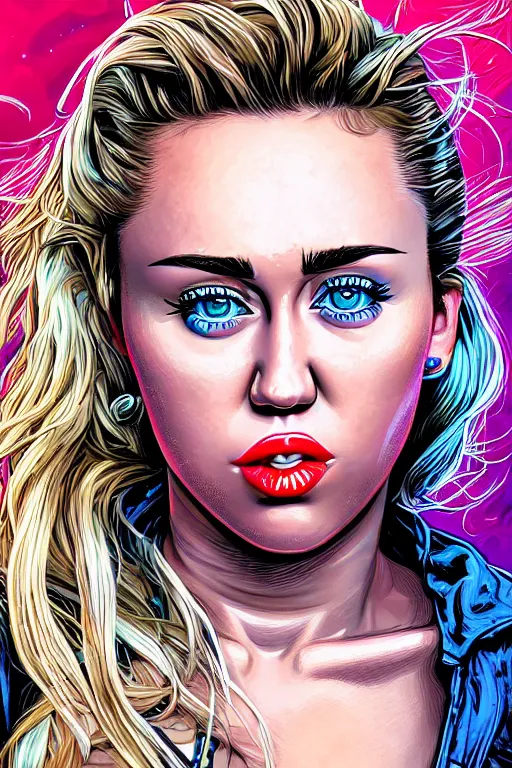 Prompt: closeup portrait of sexy miley cyrus with long hair, drawn by robbie trevino and dan mumford, poster, digital art, comic art, concept art,, single head, no double head,