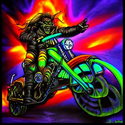 Prompt: psychedelic blacklight airbrush art of an orc riding a motorcycle