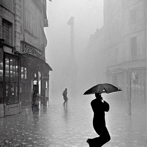 Image similar to the man leaping with an umbrella in a raining paris street, by henri cartier bresson,