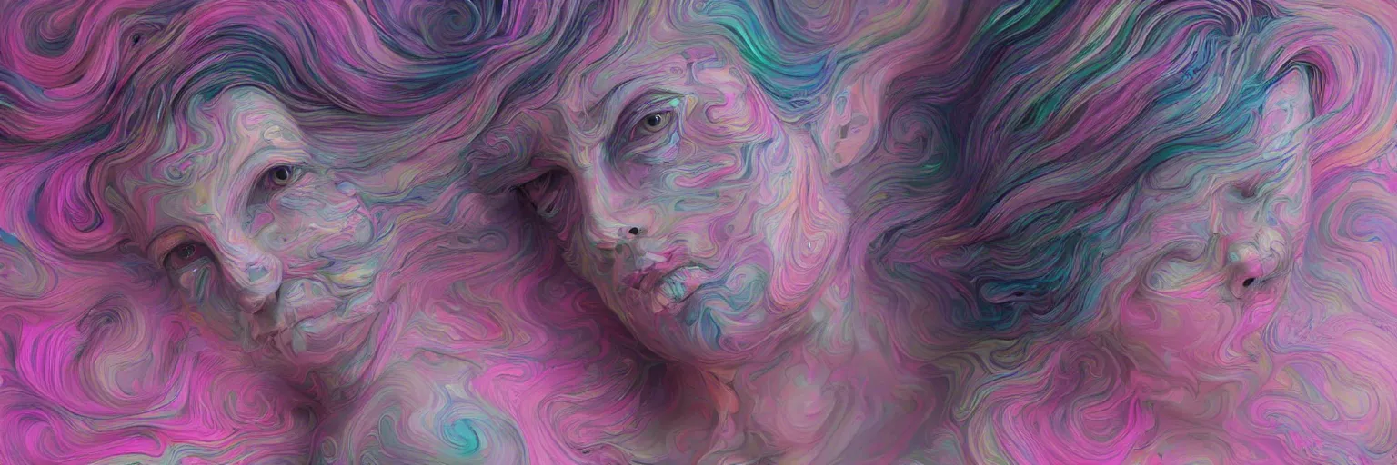 Image similar to A portrait of a very beautiful goddess with pink and grey hair radiating an artwork made of multicolored swirling paint and empasto by James Jean and WLOP , volumetric displacement by Lee Griggs, hyperrealism, subsurface scattering, octane render, 8k, xparticles