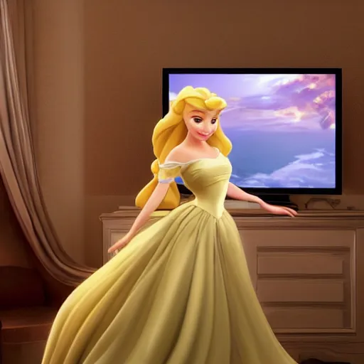 Prompt: disney princess with long blonde hair wearing elegant silk dress playing xbox in front of large television : : weta disney pixar movie still photo : : hi - fructose, decadent highly - detailed digital painting, golden ratio, octane render, artstation, cinematic composition, smooth, sharp focus, artgerm, mucha, loish, wlop