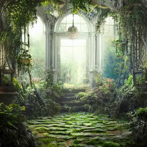 Image similar to mystical and beautiful secret garden, hyperrealistic photograph, dim volumetric lighting, 8 k, octane beautifully detailed render, extremely hyper detailed, intricate, epic composition, cinematic lighting, masterpiece, trending on artstation, very very detailed, stunning, hdr, smooth, sharp focus, high resolution, award, winning photo, dslr, 5 0 mm