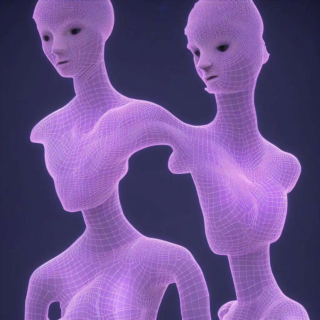 Image similar to beautiful mannequin sculpted out of amethyst by billelis + lit with 3 d geometric neon + facing a doorway opening with neon pink geometric fractal light + flowering hosta plants!!!, moon in background!, rule of thirds, clean linework, dramatic, award winning, 4 k, trending on artstation, photorealistic, volumetric lighting, octane render