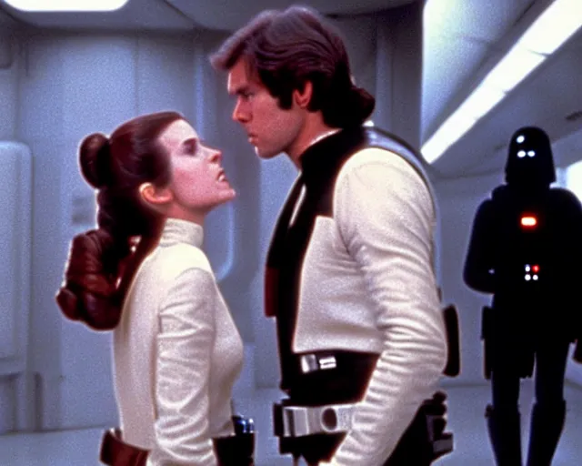 Image similar to screenshot of Han Solo standing next to Princess Leia Organa kiss, alone, pensive, iconic scene from 1980s Star Wars film directed by Ridley Scott, in a sci fi nursing home architecture, last jedi, 4k HD sharp, cinematic still frame, photoreal, detailed face, moody lighting, stunning cinematography, anamorphic lenses, kodak color film stock