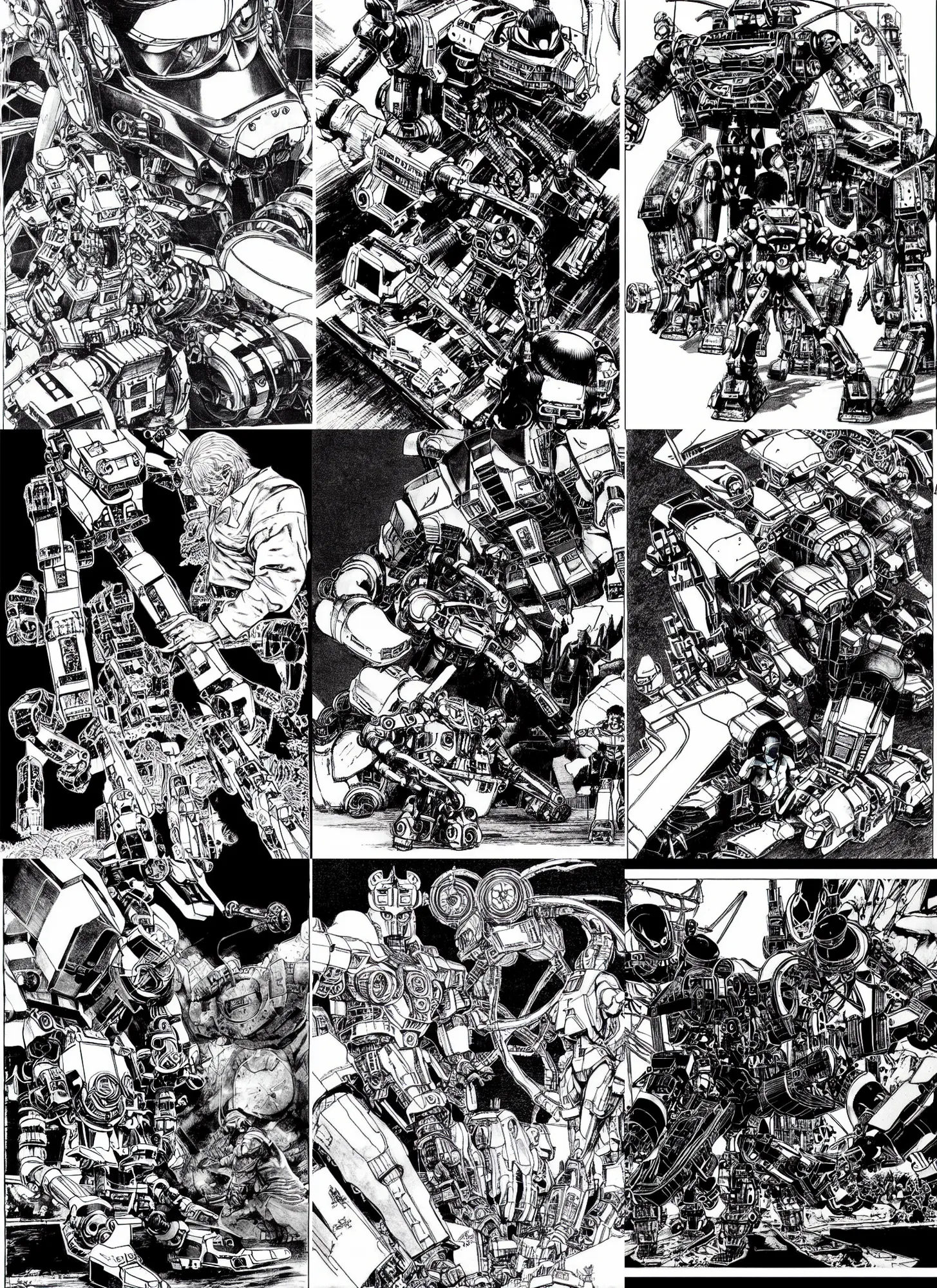 Prompt: a father helping his son build a mecha robot, highly detailed, black and white, inked, art by Kentaro Miura and Bernie Wrightson and Masamune Shirow