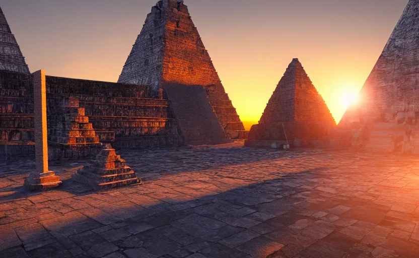 Image similar to crystal tetrahedron in the middle of an aztec temple, sunset, godrays, orange and blue sky, volumetric lighting, a high - quality render, photorealistic, unreal engine 5