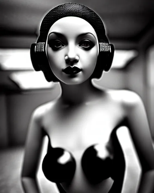 Image similar to black and white dreamy young beautiful female artificial intelligence, metropolis, cinematic, rim light, bokeh, photo - realistic, elegant, high detail, 8 k, masterpiece, photo taken in 1 9 3 0