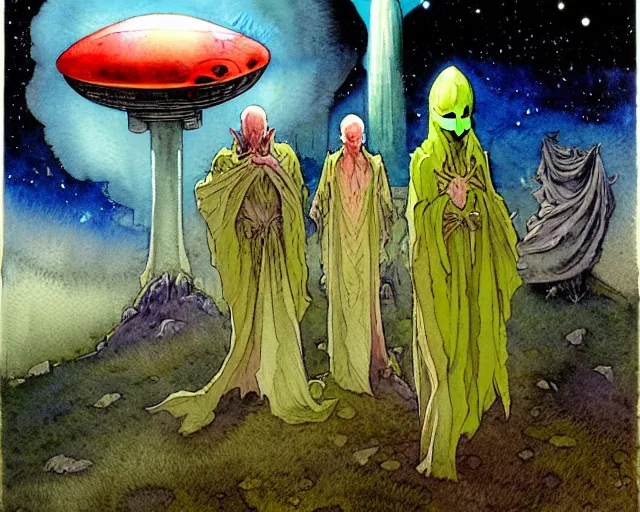 Image similar to a realistic and atmospheric watercolour fantasy character concept art portrait of a group of aliens wearing robes and emerging from the mist on the moors of ireland at night. a ufo is in the sky. by rebecca guay, michael kaluta, charles vess and jean moebius giraud