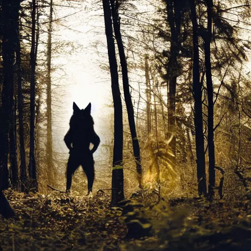 Image similar to werecreature consisting of a wolf and a human, golden hour, photograph captured in a forest