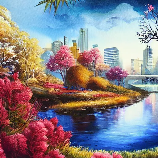 Prompt: Cosy water in city of the future in harmony with nature. Nice colour scheme, soft warm colour. Beautiful detailed painting by Lurid. (2022)