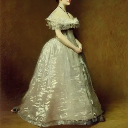 Prompt: young victorian lady in ball gown, painted by alfred stevens