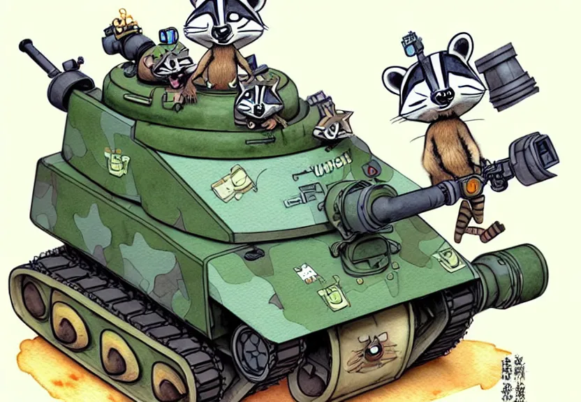 Prompt: cute and funny, racoon wearing army helmet riding in a tiny tank with large cannon, ratfink style by ed roth, centered award winning watercolor pen illustration, isometric illustration by chihiro iwasaki, edited by range murata