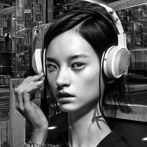 Image similar to the portrait of an absurdly beautiful, graceful, sophisticated, fashionable cyberpunk gravure idol, an ultrafine hyperdetailed illustration by kim jung gi, irakli nadar, matt wisniewski, intricate linework, neon wiring, porcelain skin, futuristic integrated headset, unreal engine 5 highly rendered, global illumination, radiant light, detailed and intricate environment