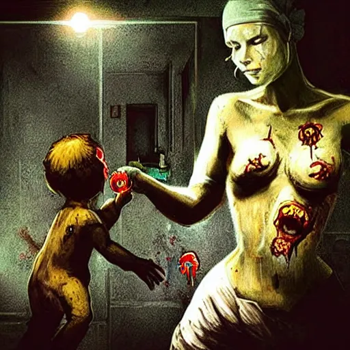 Image similar to “ sensual nurse vaccinating zombie childs in a hospital, fantasy, artwork ”