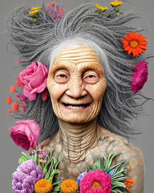 Prompt: a portrait of a fleshy old woman with a sweet smile, covered in flowers in the style of guiseppe arcimboldo and james jean, covered in wispy gray hair with a hint of neon, hd 3 d, highly detailed and intricate. centred in image.