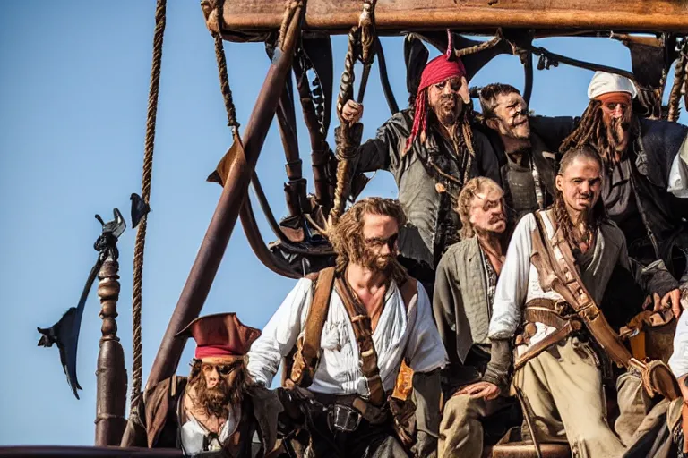 Prompt: closeup movie pirate crew on an old pirate ship, by emmanuel lubezki