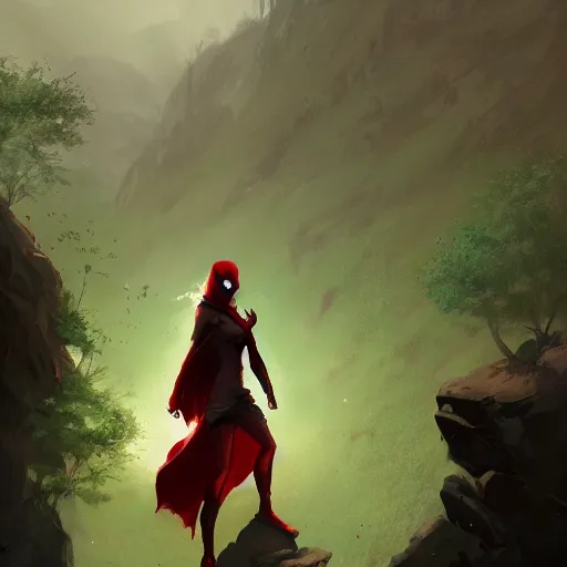 Image similar to a beautiful illustration of a woman with red hood walking between rocks, by greg rutkowski, digital artwork, artstation, cgartists, conceptartworld, deviantart, magic the gathering artstyle, floating magical rocks, lush green meadow